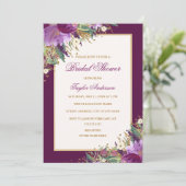 パープル金ゴールドグリッターアメジストフローラブライダルシャワー 招待状 (スタンド正面)