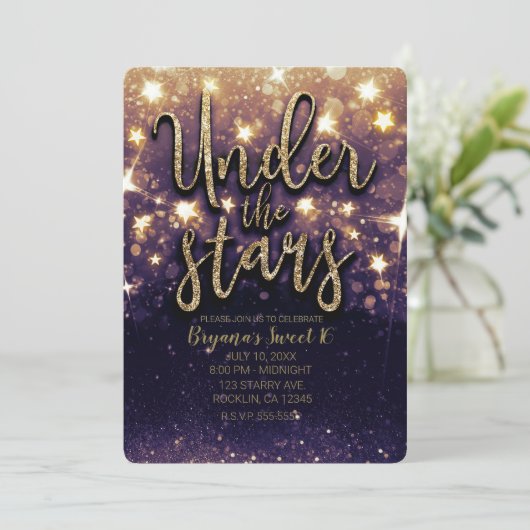 パープル金ゴールドグリッターアンダーザスターズパーティー 招待状 (スタンド正面)