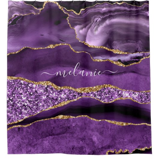 パープル金ゴールドグリッターシャワーカーテンお名前 シャワーカーテン (正面)