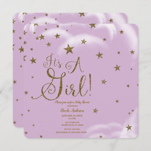 パープル金ゴールドグリッタースターズガールベビーシャワー 招待状 (正面/裏面)