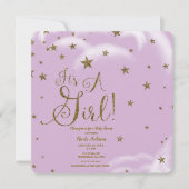 パープル金ゴールドグリッタースターズガールベビーシャワー 招待状 (正面)