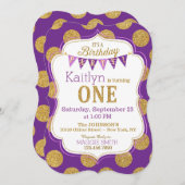 パープル金ゴールドグリッタースパークルファースト誕生日招待状 招待状 (正面/裏面)