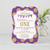 パープル金ゴールドグリッタースパークルファースト誕生日招待状 招待状 (スタンド正面)
