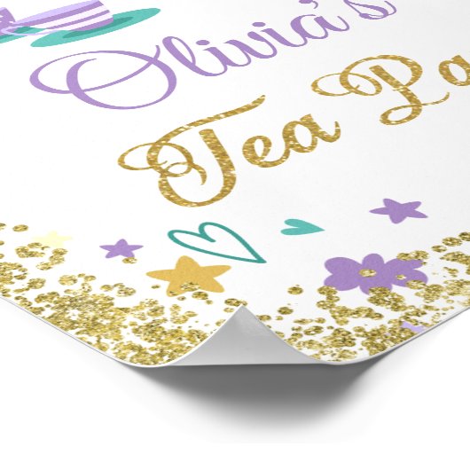 パープル金ゴールドグリッターティーパーティーウェルカムサイン ポスター (角)