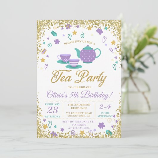 パープル金ゴールドグリッターティーパーティーガールズ誕生日 招待状 (スタンド正面)