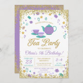 パープル金ゴールドグリッターティーパーティーガールズ誕生日 招待状 (正面/裏面)