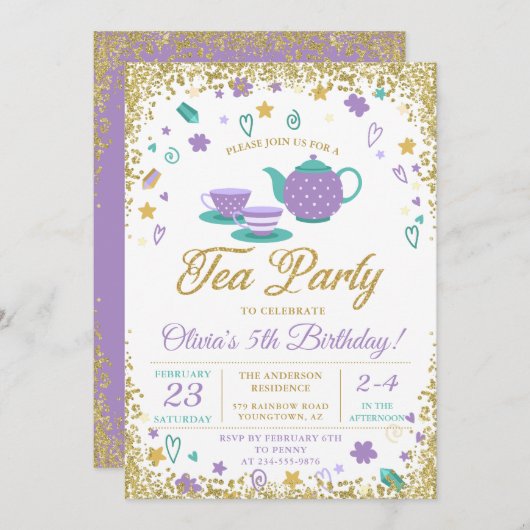 パープル金ゴールドグリッターティーパーティーガールズ誕生日 招待状 (正面/裏面)