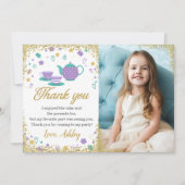 パープル金ゴールドグリッターティーパーティー女の子誕生日写真 サンキューカード (正面)