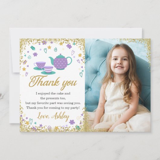 パープル金ゴールドグリッターティーパーティー女の子誕生日写真 サンキューカード (正面)