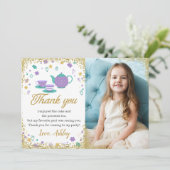 パープル金ゴールドグリッターティーパーティー女の子誕生日写真 サンキューカード (スタンド正面)