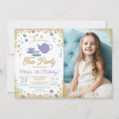 パープル金ゴールドグリッターティーパーティー女の子誕生日写真 招待状 (正面)