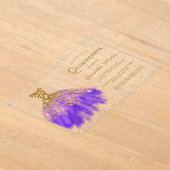 パープル金ゴールドグリッタードレススクリプトキンセアニラパーティー アクリル招待状 (レイダウン)