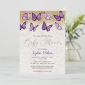 パープル金ゴールドグリッターバタフライベビーシャワー 招待状 (スタンド正面)
