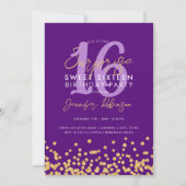パープル金ゴールドグリッターフォトサプライズSweet 16 招待状 (正面)