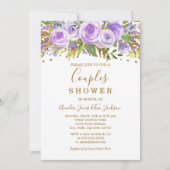 パープル金ゴールドグリッターフローラバラカップルシャワー 招待状 (正面)
