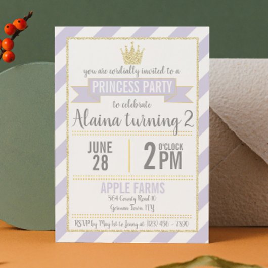 パープル金ゴールドグリッタープリンセス誕生日招待状 招待状