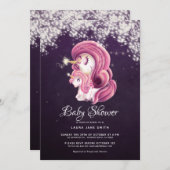 パープル金ゴールドグリッターマジカルユニコーン赤ちゃんシャワー 招待状 (正面/裏面)