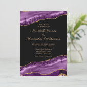 パープル金ゴールドグリッターマーブルアゲ結婚ート 招待状 (スタンド正面)