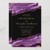 パープル金ゴールドグリッターマーブルアゲ結婚ート 招待状 (正面/裏面)