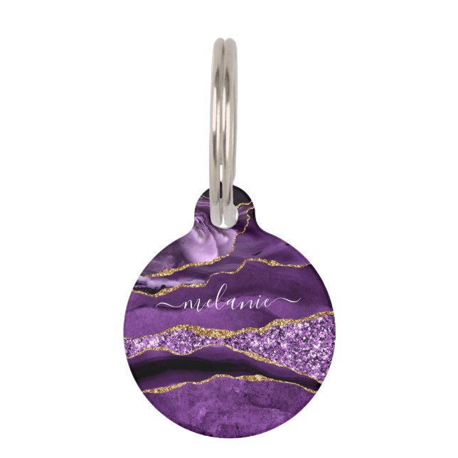 パープル金ゴールドグリッターマーブル名前をカスタムするペット用名札 ペット　ネームタグ (正面)