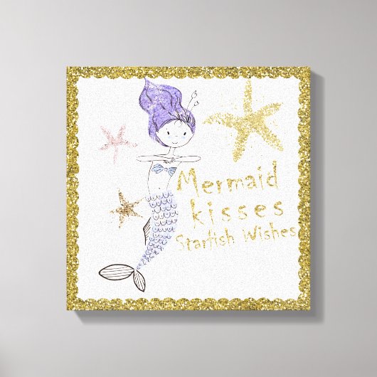 パープル金ゴールドグリッターマーメイドウィッシュヒトデキス キャンバスプリント (正面)