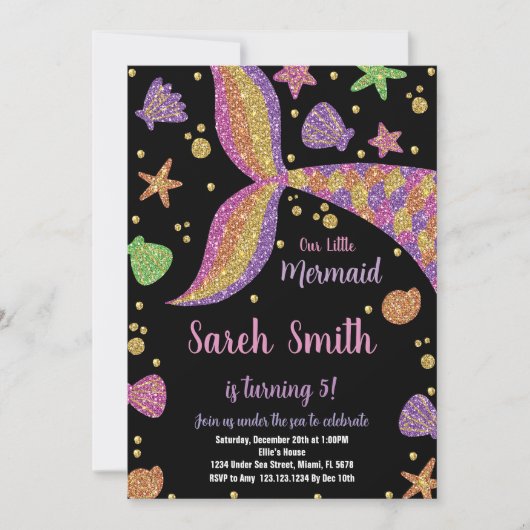 パープル金ゴールドグリッターマーメイドテール誕生日 招待状 (正面)