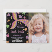 パープル金ゴールドグリッターマーメイドテール誕生日w写真 招待状 (正面)