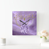 パープル金ゴールドグリッターミュージック&ジュエルスクエアウォールクロック スクエア壁時計 (ホーム)