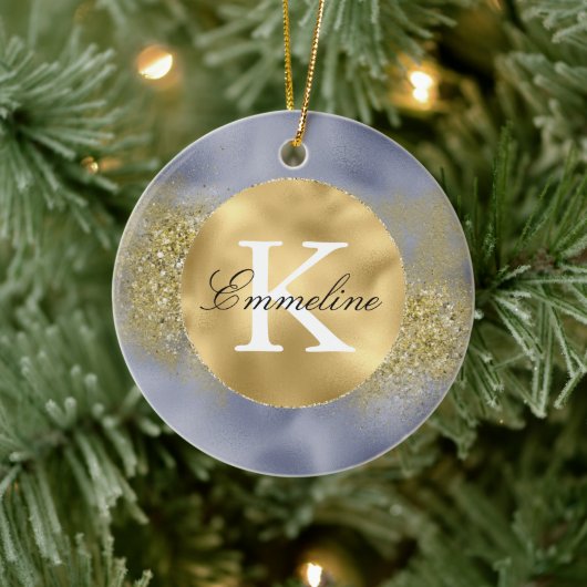 パープル金ゴールドグリッターモノグラム セラミックオーナメント (ツリー)