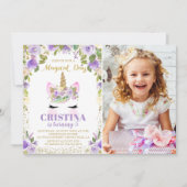 パープル金ゴールドグリッターユニコーンフローラ写真誕生日 招待状 (正面)