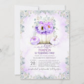 パープル金ゴールドグリッターリトルカボチャ秋誕生日 招待状 (正面)