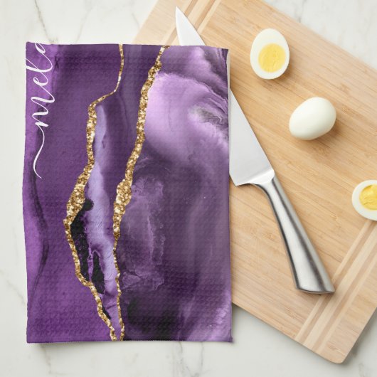 パープル金ゴールドグリッター名前をカスタムするキッチンタオル キッチンタオル (四つ折り)