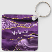 パープル金ゴールドグリッター大理石名前をカスタムするキーチェーン キーホルダー (裏面)
