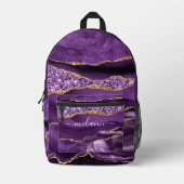 パープル金ゴールドグリッター大理石名前をカスタムするバックパック プリントバックパック (正面)