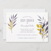 パープル金ゴールドグリッター植物性ベビーシャワー 招待状 (正面)