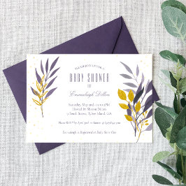 パープル金ゴールドグリッター植物性ベビーシャワー 招待状