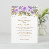 パープル金ゴールドグリッター水彩フローラ結婚ズ 招待状 (スタンド正面)