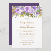 パープル金ゴールドグリッター水彩フローラ結婚バラ 招待状 (正面/裏面)