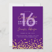 パープル金ゴールドグリッター紙吹雪サプライズSweet 16 招待状 (正面)