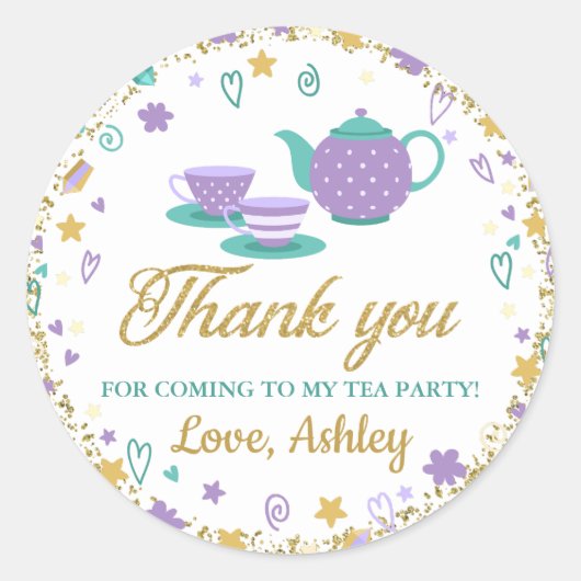 パープル金ゴールドグリッター誕生日ティーパーティーありがとう ラウンドシール (正面)