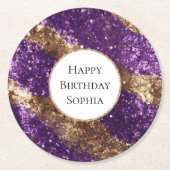パープル金ゴールドグリッター誕生日 ラウンドペーパーコースター (正面)