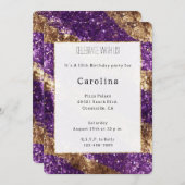 パープル金ゴールドグリッター誕生日 招待状 (正面/裏面)