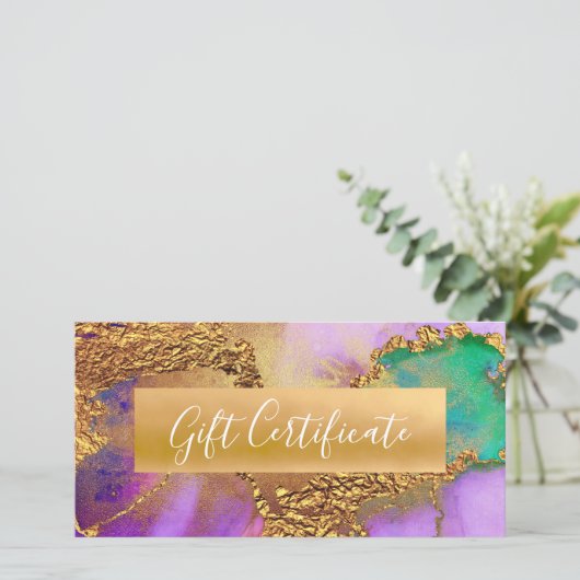 パープル金ゴールドグリーンアクアウォーターカラーギフト証明書 (スタンド正面)