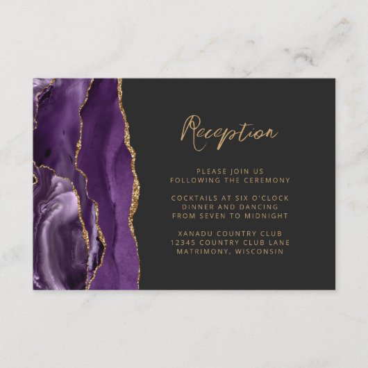 パープル金ゴールドゲート石板スクリプトウェディングレセプション エンクロージャーカード (正面)