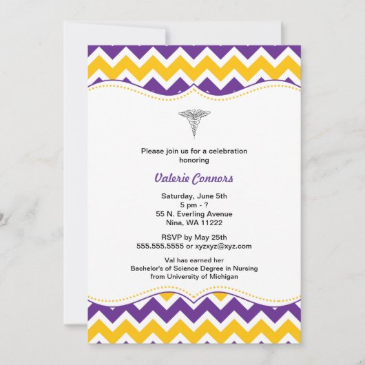パープル金ゴールドシェブロンナース卒業招待状RN BSN 招待状 (正面)