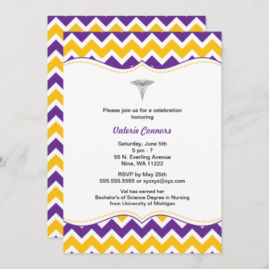 パープル金ゴールドシェブロンナース卒業招待状RN BSN 招待状 (正面/裏面)