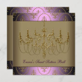 パープル金ゴールドシャンデリアクラシーSweet sixteenボール 招待状 (正面/裏面)