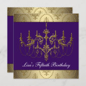 パープル金ゴールドシャンデリア女性50誕生日 招待状 (正面/裏面)