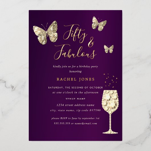 パープル金ゴールドシャンパーニュ50と素晴らしい誕生日 箔招待状 (正面)