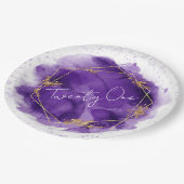 パープル金ゴールドジオメトリックシック21st誕生日パーティー ペーパープレート (アングル)